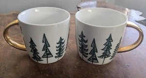 Starbucks 2015 Holiday Coffee Mugs Pine Tree Christmas Gold Handle Set Of 2 - Picture 1 of 8
