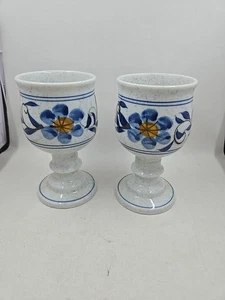 Vintage (2) Goblets Otagari Style Blue Floral Japan Stoneware Gray Speckled Boho - Picture 1 of 5