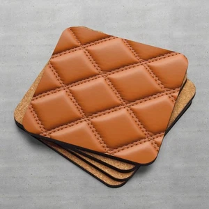 Quilted Leather Look Coaster 3.74x3.74 Cork Backed High-Gloss Drink Mat - Picture 1 of 4