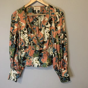 Cleobella Bluse Top S Small rosa Blumen Ballonärmel Rüschen VNeck Raffung - Bild 1 von 16