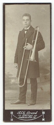 CDV Photo Man Musician with Trombone Ohligs Solingen Germany  (10135) - Image 1 of 2