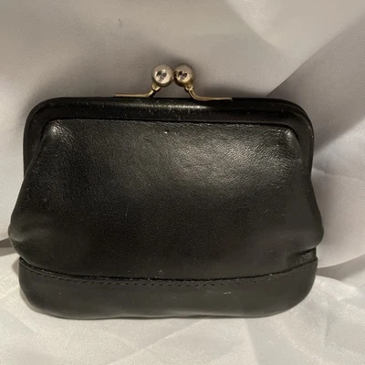 ТРЕНЕР Kisslock монета сумочки 1980-х мягкий черный кожаный 7155 золотистый оборудование - Изображение 1 из 4