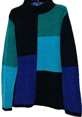 Suéter Sag Harbor L Bloque de Color Negro Azul Verde Suave Acogedor Tejido Chenilla Grande Foto 1 de 4