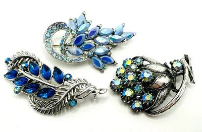 Lote 3 Broches Prendedores Hoja Tono Plata Azul AB De Colección - ESTRELLA y Sin Firmar - ¡BRILLANTES! Foto 1 de 4