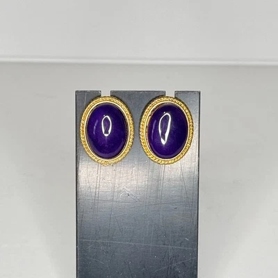 Винтажные серьги-гвоздики с аметистом кабошоном золотистые - Изображение 1 из 4
