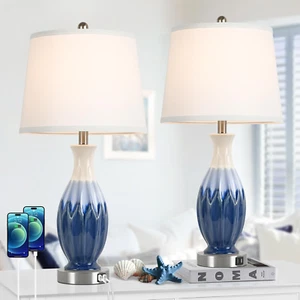 28” Tall Table Lamps Set of 2, Ceramic Bedside Lamps with USB Ports, Navy Blue L - Picture 1 of 12