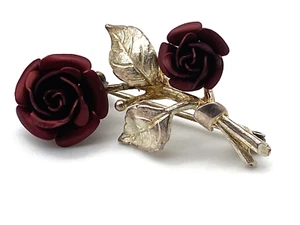 Vintage Brooch Silver Metal Red Enamel Rose Design - Picture 1 of 11