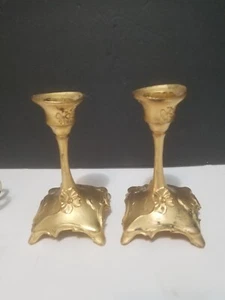 Metallguss Kerzenständer Paar Gold Jugendstil Barock Stil 4 1/2 Deko - Bild 1 von 15