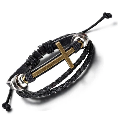Men's Vintage Cross Multi-layer Black Leather Braided Rope Bracelet Wristband - Image 1 of 4