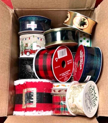 Lot of 17  Christmas and General Ribbon Rolls Wired Plain Decorated New - Image 1 of 4