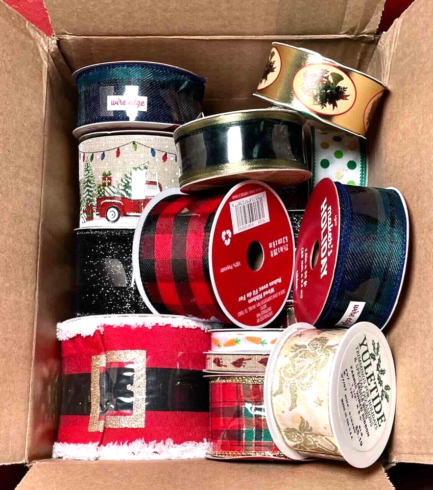 Lot of 17  Christmas and General Ribbon Rolls Wired Plain Decorated New - Image 1 of 4
