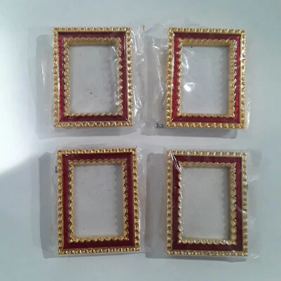 SET OF 4 SMALL RED ENAMEL & GOLD COLOR EASEL PICTURE FRAMES - 2" x 1.5" - NOS - Image 1 of 4