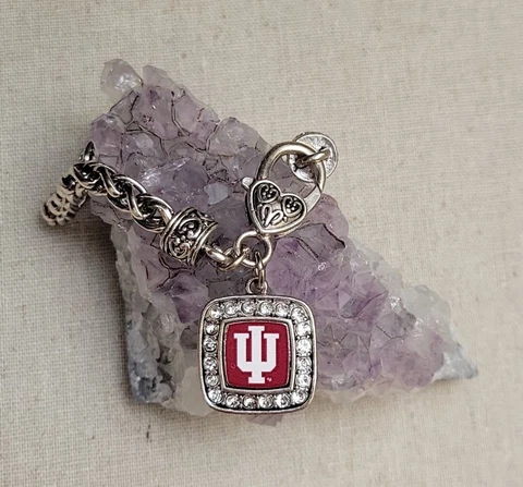Indiana Hoosiers Crimson Red Rhinestone Square Charm Fancy Braid Link Bracelet Cover