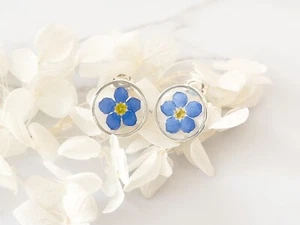 Sterling silver forget-me-not stud earrings for women, real blue flower earrings