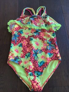breaking waves girls 14 euc hibiscus tropical cheetah onepiece swim bathing suit - Picture 1 of 5