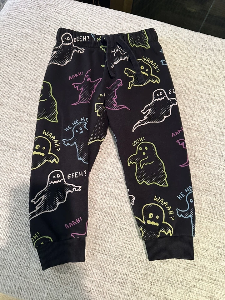 Pantalones de chándal H&M para niños pequeños Halloween Ghost negros 2T niños Boo Foto 1 de 4