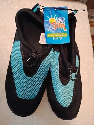 Women's Water Shoes Beach Pool Foam Mesh Slip On Black/Teal Small Fits 5-6 - Image 1 of 4