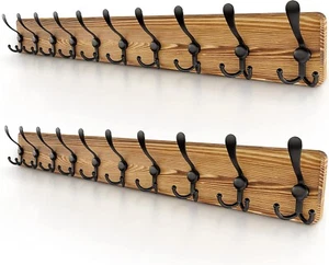 2PCS Brown Wood Coat Rack Wall Mount 10 Tri Hooks for Hanging Rustic Hat Hanger - Picture 1 of 7