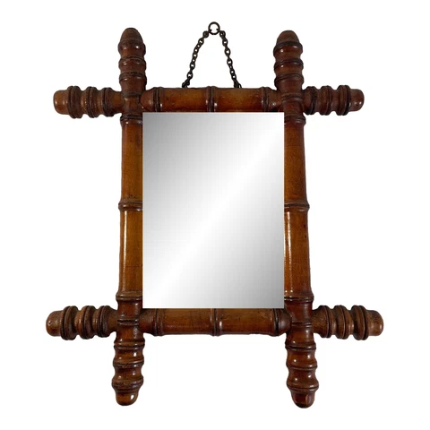 1920s Petite French Faux Bamboo Wooden Wall Mirror Cover