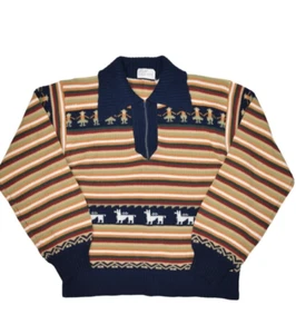 Vintage Sweater Womens L Peru Alpaca Print 1/4 Zip Collared Pullover Inca Knit - Picture 1 of 7