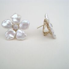 Freshwater Pearl Floral Stud Earring 925 Fine Silver Minimalistic Estate Jewelry