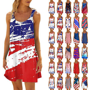 Women Mini Dress Summer Beach Dresses Sleeveless Printed Casual 4th of the July