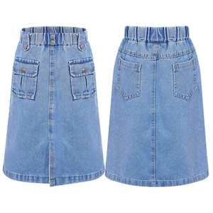 Kids Girls Skirt Elastic Waistband Denim Party Split Oufit With Pockets Trendy - Picture 1 of 18