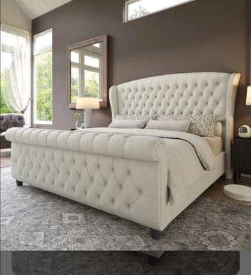 Luxury Tulip Wing Sleigh Bed With/Without Ottoman Gas Lift Storage in Soft Plush - Image 1 of 4