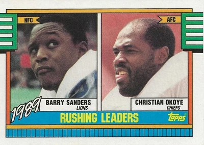 1990 Topps BARRY SANDERS CHRISTIAN OKOYE 1989 Rushing Leaders #28 LIONS CHIEFS - Image 1 of 3