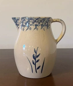 Vintage Roseville RRP Co Blue Wheat Spongeware Pottery Pitcher USA Ohio - Picture 1 of 7