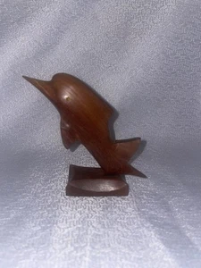 Hand Carved Wooden Dolphin Figurine 4” Polished Wood Coastal Decor MCM Vintage - Picture 1 of 5