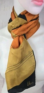 Vera Silk Rectangular Scarf 52" x 11” Geometric Stripe Orange Black Mustard - Picture 1 of 20