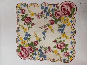 LADIES Vintage Handkerchief Blue Yellow Pink Red Flowers FLORAL SCALLOPED HANKIE - Picture 1 of 5