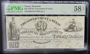 1838-39 $20 Government of Texas Houston, TX TXCRH19 PMG 58 EPQ