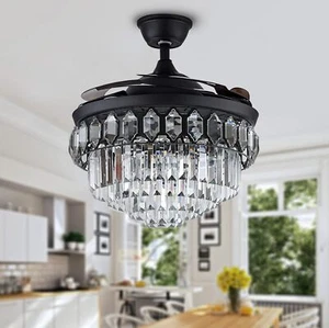42" Crystal Ceiling Fan Lamp Retractable Fandelier Remote LED 3-Color Chandelier - Picture 1 of 13