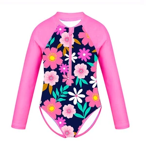 Kids Girls One-piece Long Sleeves Swimsuits Palm Printed Zippered Bathing Suits - Picture 1 of 25