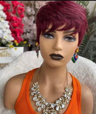 Women Short Red Burgundy Pixie Cut Wig Slight Wavy None Lace Real Human Hair Wig - Image 1 of 4