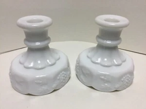 Pair of Westmoreland Milk Glass Paneled Grape Round Candlesticks Candle Holders - Picture 1 of 4