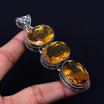 Miele Topazio Gemma a Mano 925 Pendente Argento Sterling per Matrimonio Regali - Immagine 1 di 4