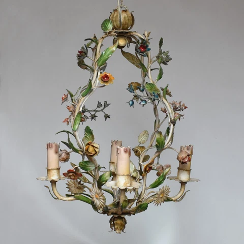 ANTIQUE ITALIAN FLORENTINE TOLE CAGE CHANDELIER 4 ARMS CEILING LIGHT FLOWERS Cover
