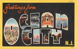 Carta grande saludos Ocean City Nueva Jersey 1948 lino postal vintage - Imagen 1 de 2