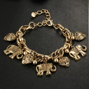 Bracelet Couleur Dorée Bohémien Avec Perles En Forme De Cœur Éléphants Et Boules - Picture 1 of 4
