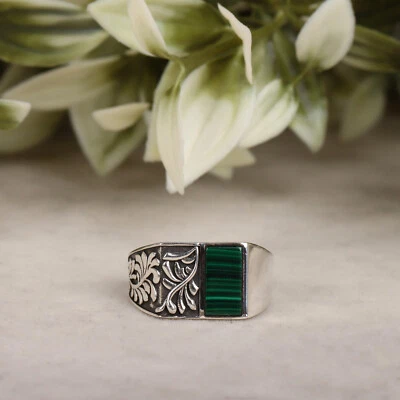 Malachite Ring 925 Silver Ring Mens Ring Signet Ring Ring Bohemian Ring Gift Him - Image 1 of 4