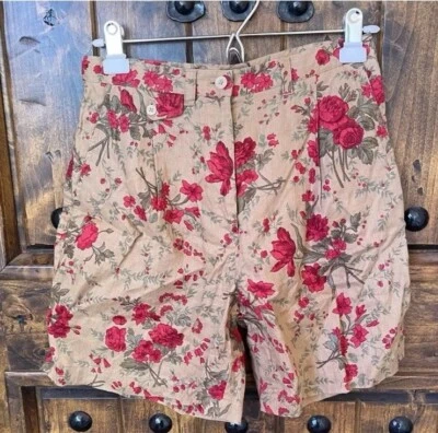 Pantalones Cortos Ralph Lauren Vintage Años 90 Plisados Rojo Floral Cremallera Frontal Bronceado Lino 6 ¡Bonitos! Foto 1 de 4