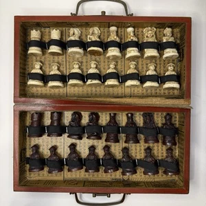 Antique Oriental 32-Piece Carved Chess Set With Foldable Chessboard Wooden Box - Picture 1 of 15