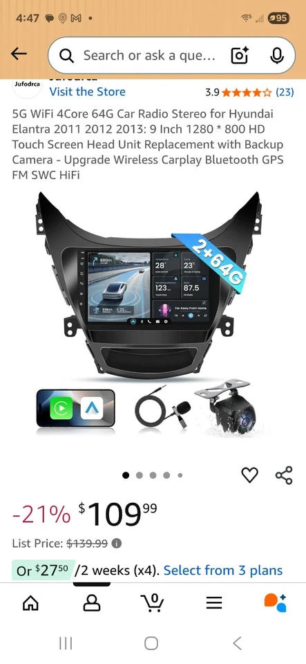 现代伊兰特 2011 - 2013:9 英寸屏幕头单元替换件带备用摄像头 — 第 1/1 张图片