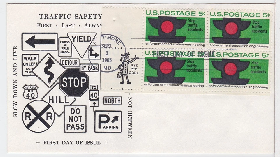 TurtlesTradingPost- Traffic Safety #1272 FDC 1965- Unsigned Cachet- Mr Zip Block - Image 1 of 1