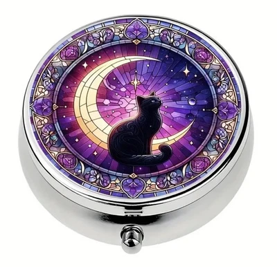 Black Cat on Crescent Moon Metal Pill / Trinket Box 3 Compartments Tablet Box - Image 1 of 4
