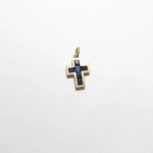 Estate 18K Yellow Gold Six Natural Cobalt Blue Sapphire Cross Pendant 0.40 Cts - Picture 1 of 3