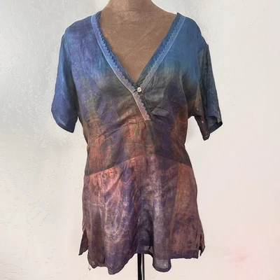 Womens Batik 100% Silk Top M L Brown Blue Forest Fairygrunge Festival Boho Artsy - Image 1 of 4